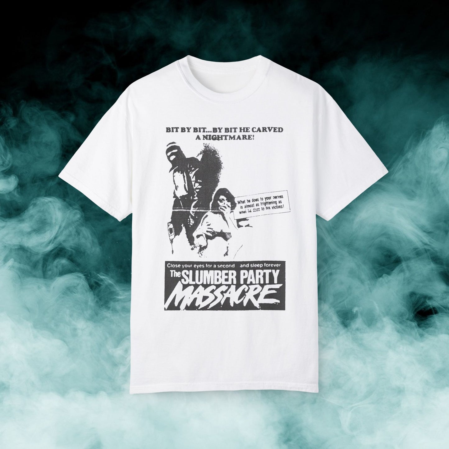 Slumber Party Massacre "Bit by bit" Horror Movie T-shirt (Merch)