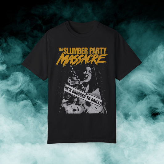 Slumber Party Massacre "He dressed to drill" Horror Movie T-shirt (Merch)