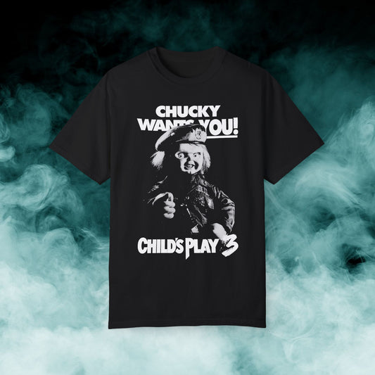 Child's Play 3 "Chucky Wants you!" Black & White Horror Movie T-shirt (Merch)