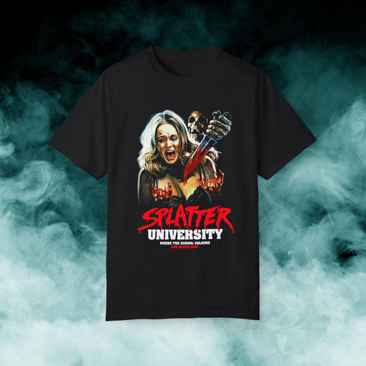 Splatter University "Where the school colours are blood red" Horror Movie T-shirt (Merch)